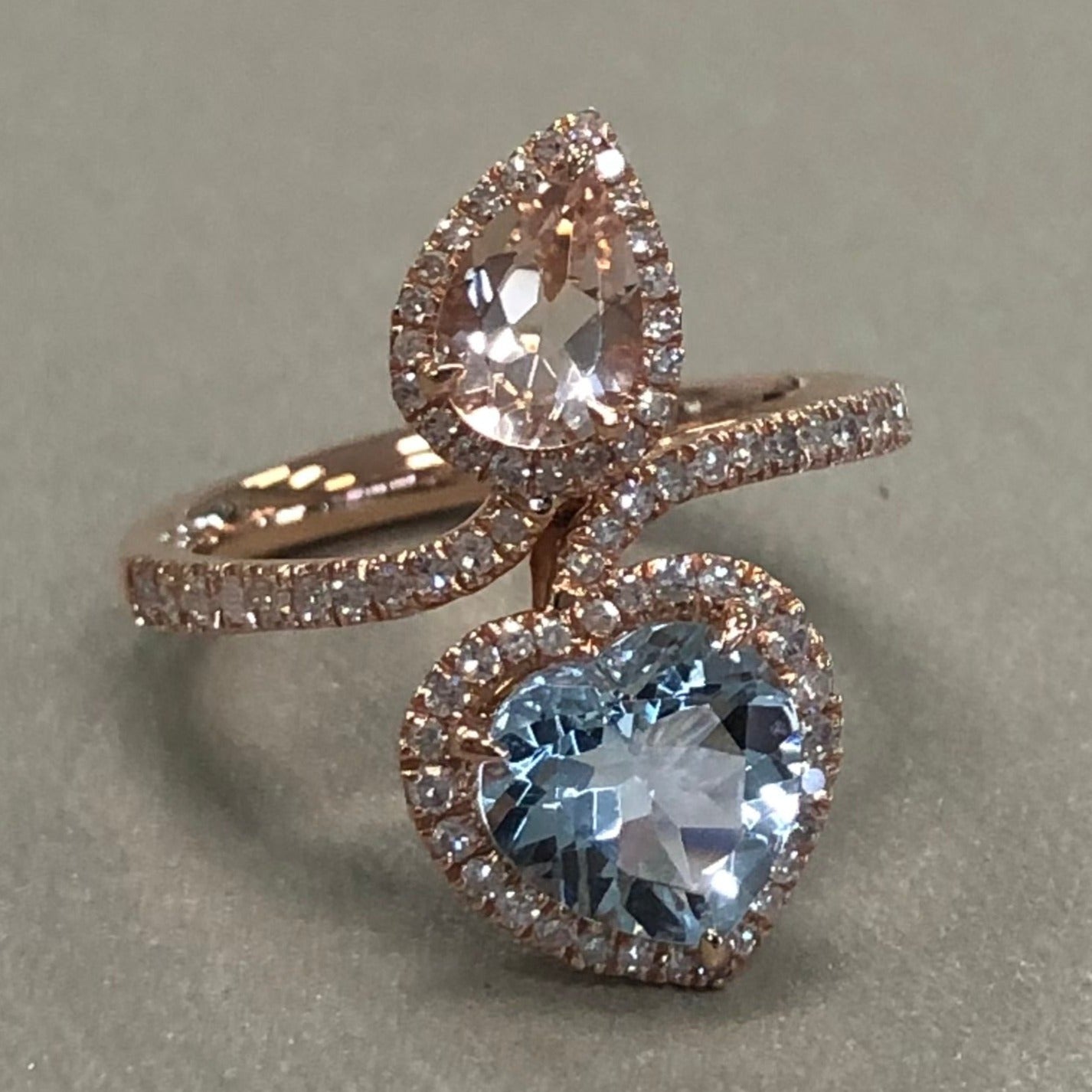 Morganite, Aquamarine Diamond Halo Ring