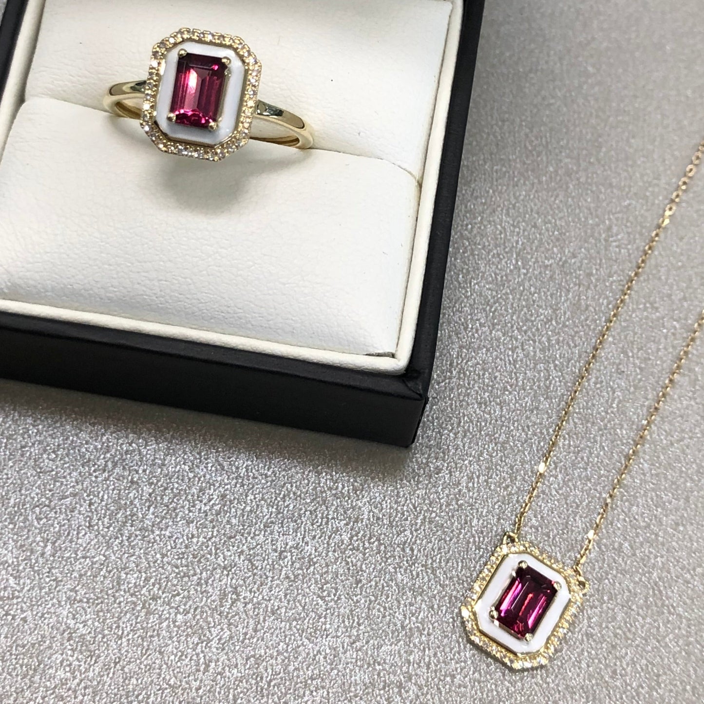 Rhodolite Garnet, White Enamel and Diamond Pendant