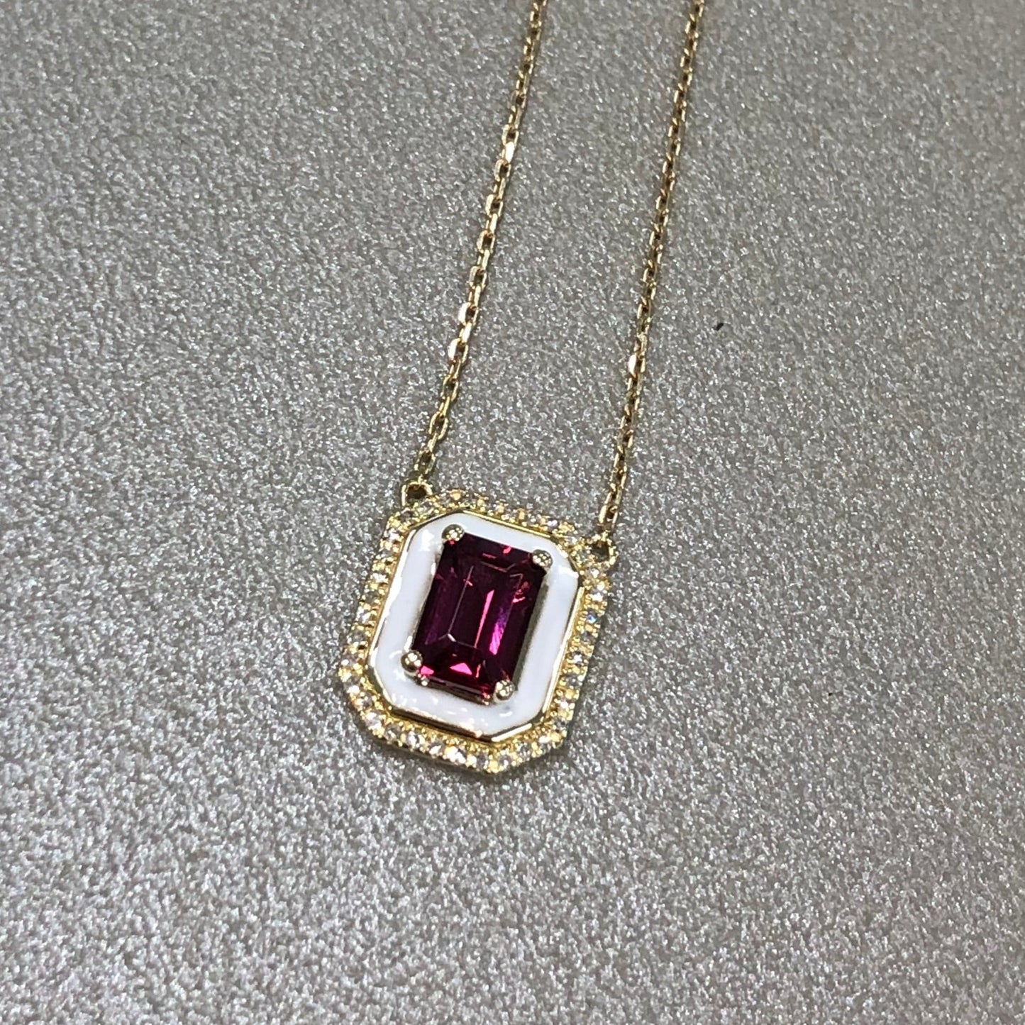 Rhodolite Garnet, White Enamel and Diamond Pendant