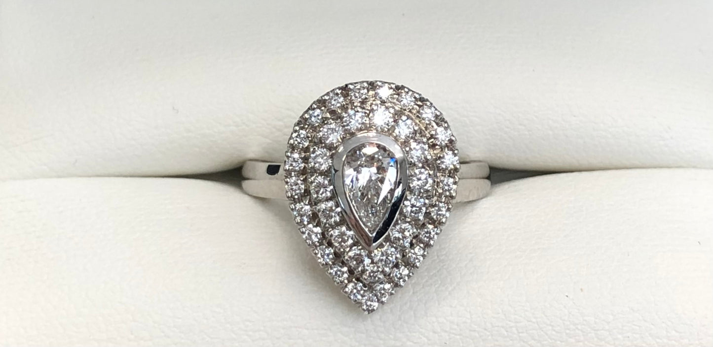 Pear Centerstone Natural Diamond with a Double Halo Engagement Ring