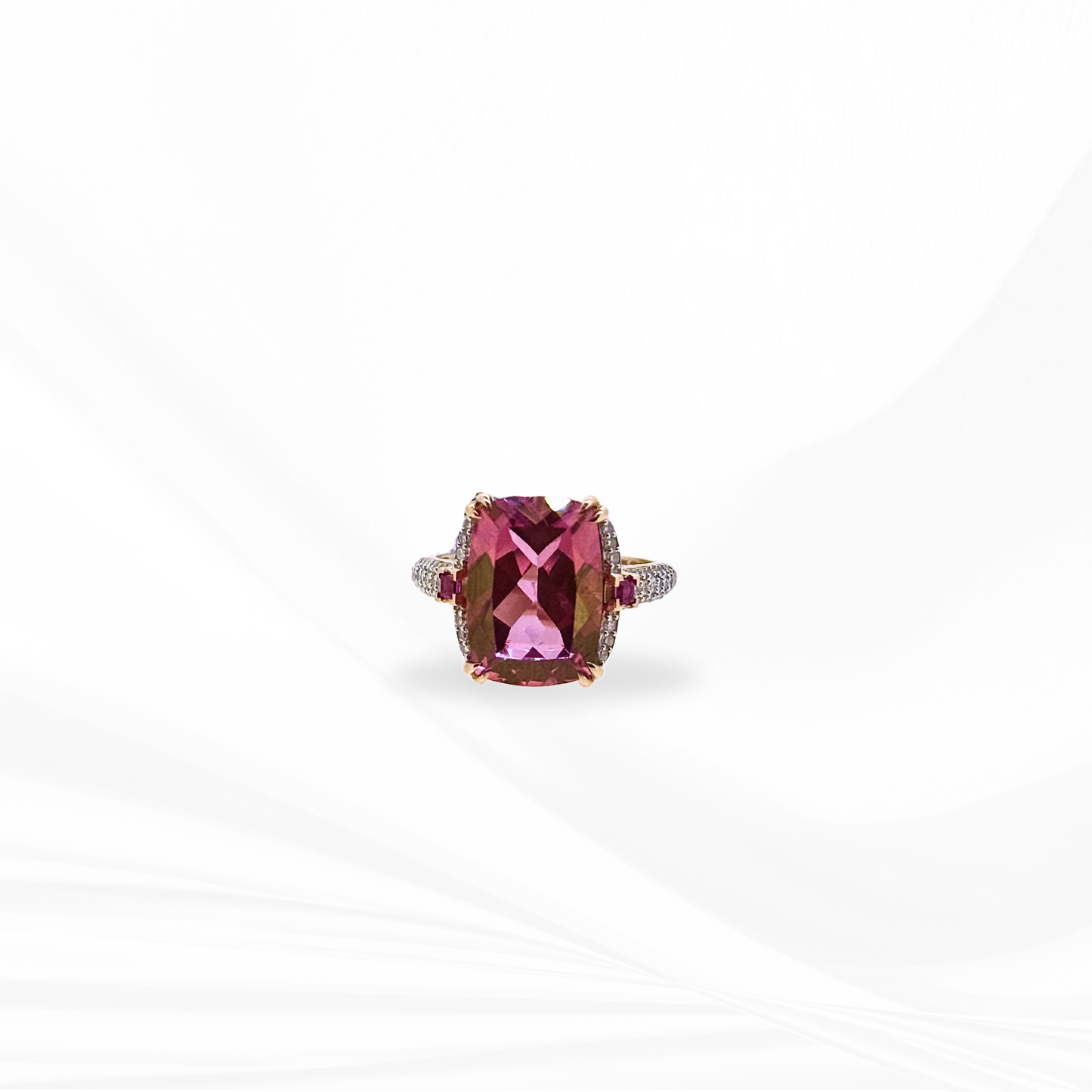 Pink Topaz and Cushioned Ruby Ring with Diamonds