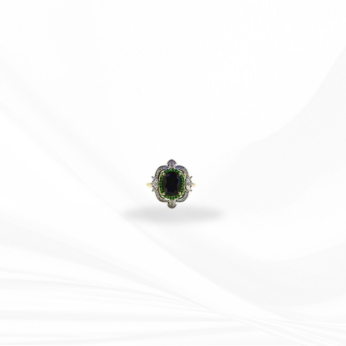 Sapphire, Tsavorite & Diamond Halo Two-Tone Ring