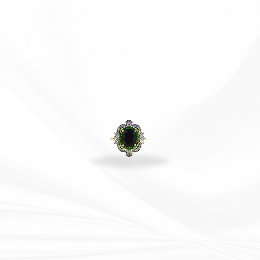 Sapphire, Tsavorite & Diamond Halo Two-Tone Ring