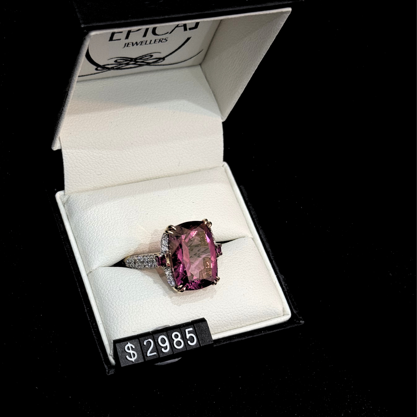 Pink Topaz and Cushioned Ruby Ring with Diamonds