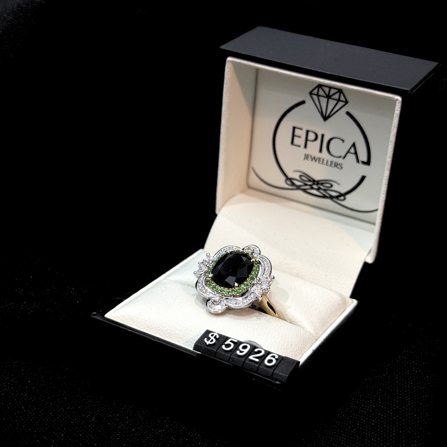 Sapphire, Tsavorite & Diamond Halo Two-Tone Ring