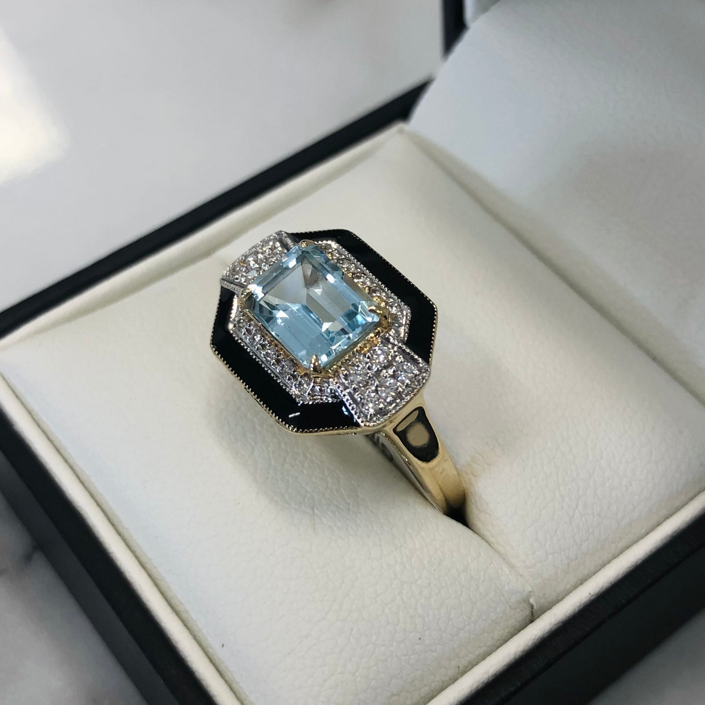 Sky Blue Topaz, Black Enamel & Diamond Ring