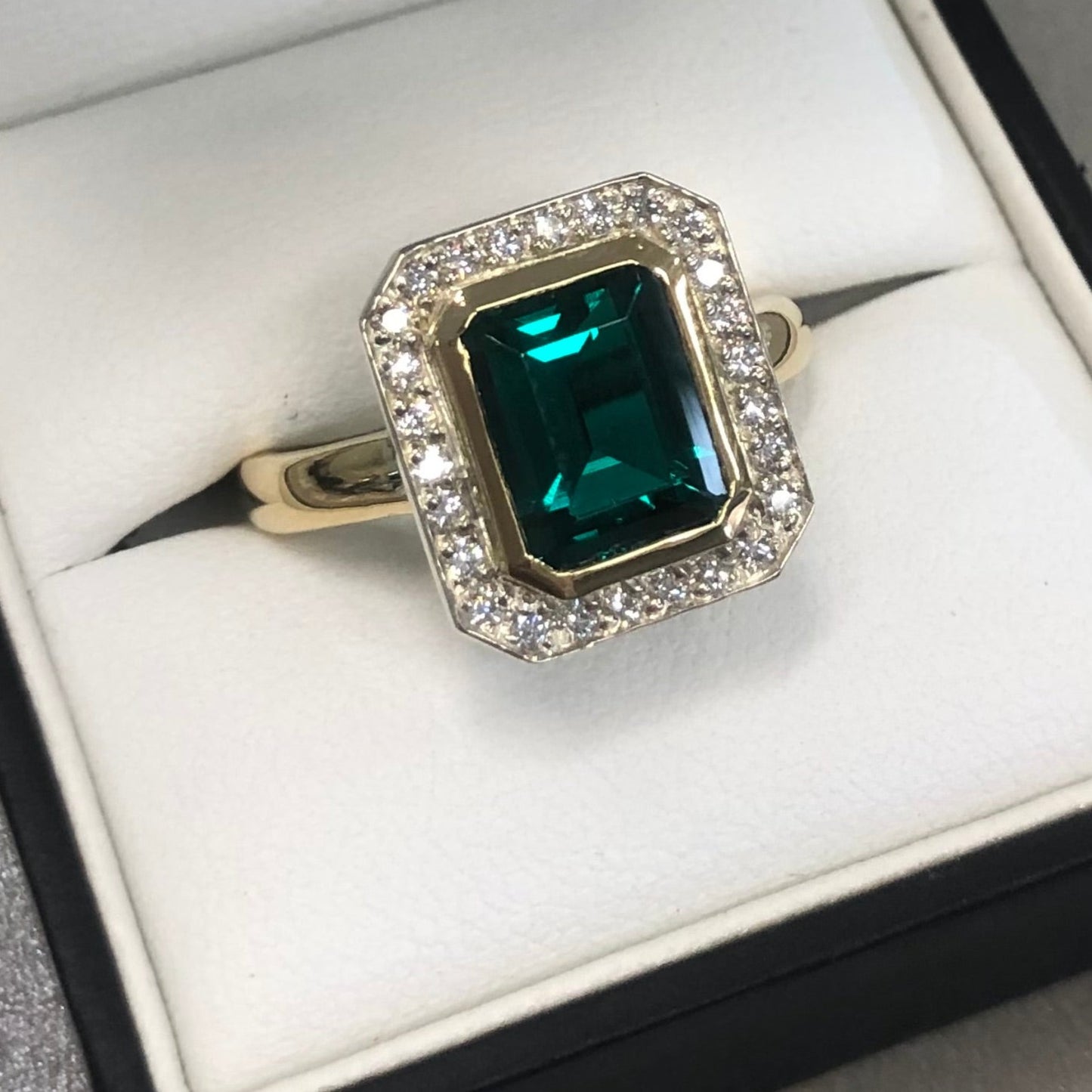 Gilson Green Emerald & Diamond Halo Ring