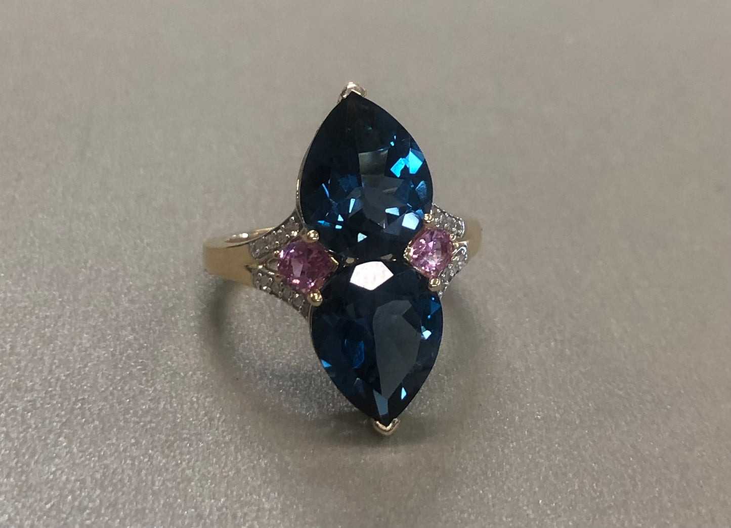 London Blue Topaz, Pink Sapphire & Diamond Ring