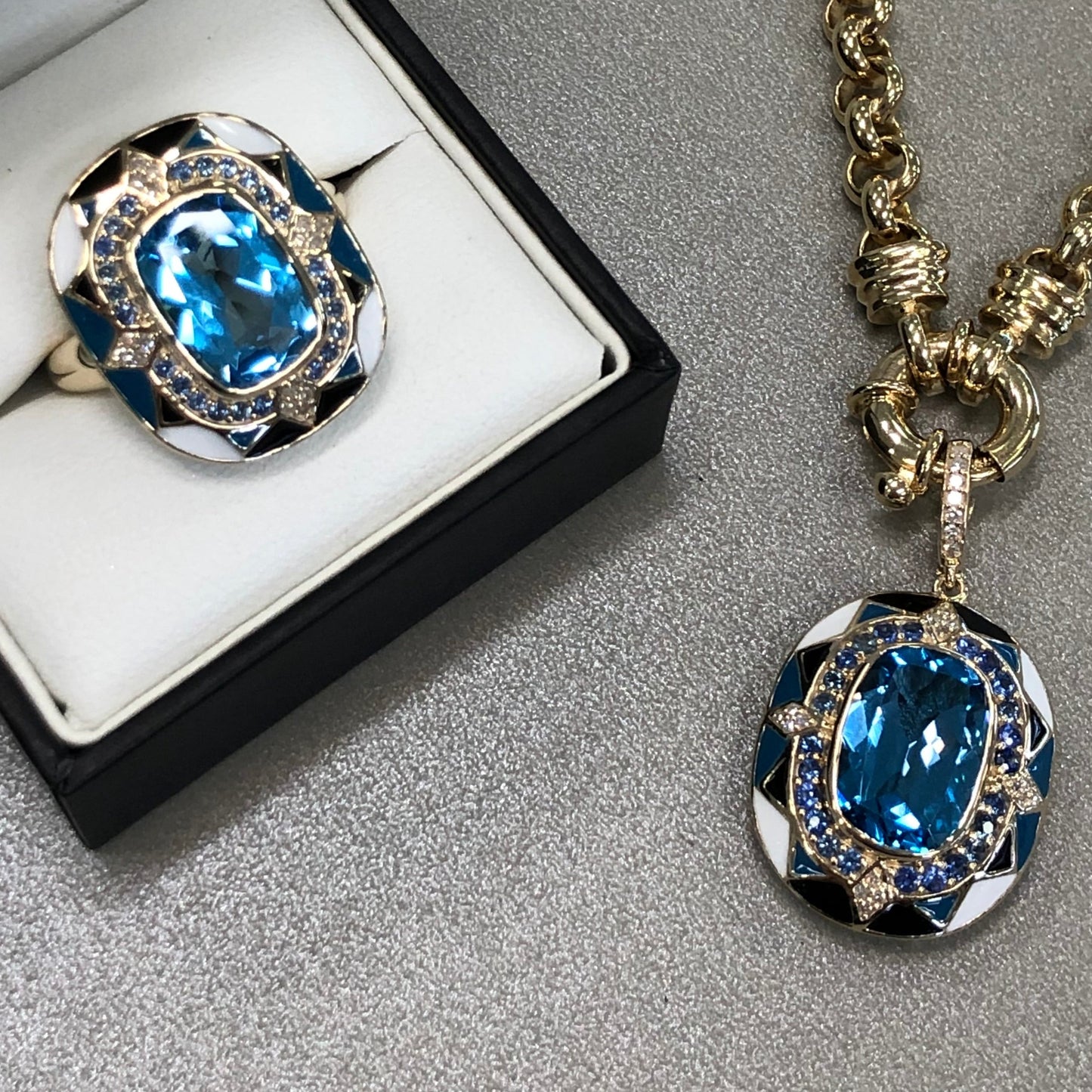 Swiss Blue Topaz with a Sapphire & Diamond Halo Ring