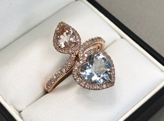 Morganite, Aquamarine Diamond Halo Ring