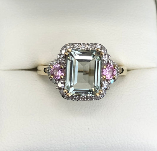 Green Amethyst, Pink Sapphire & Diamond Halo Dress Ring